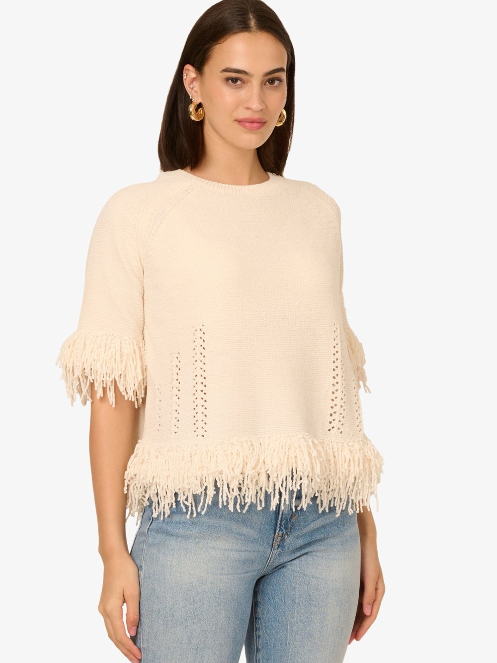 ADRIANNA PAPELL Crew Neck Elbow Sleeve Fringe Edge Sweater SIZE M